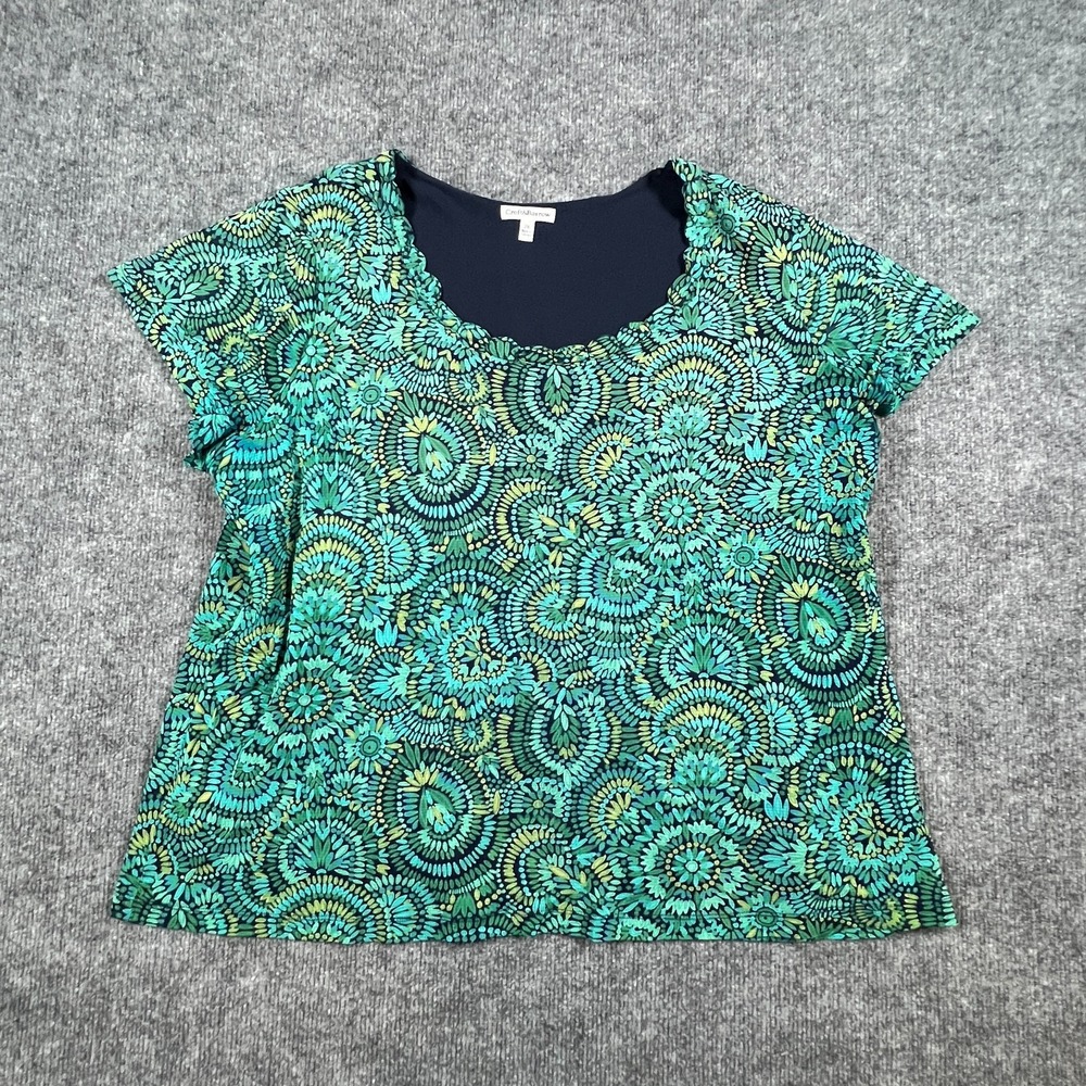 Croft & Barrow Blouse Top Women 2X Green Paisley Nylon Scalloped Neck Cap Sleeve